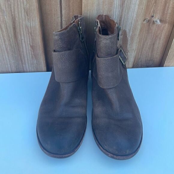 Kork Ease Boots Womens 7.5 Isa Ankle Booties Brown Leather Side Zip Buckle Block - Picture 5 of 10